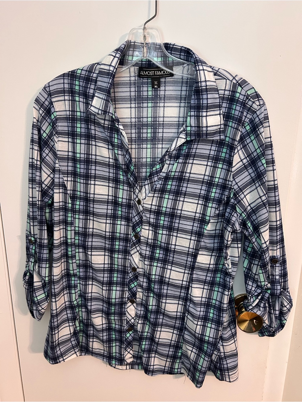 Almost Famous Navy, White & Mint Plaid Button Shirt